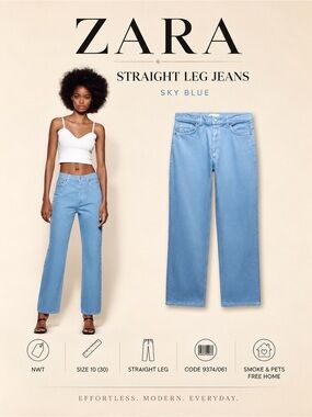Zara Sky Blue Straight Leg Jeans Size 10 NWT High Rise Casual Denim Pants